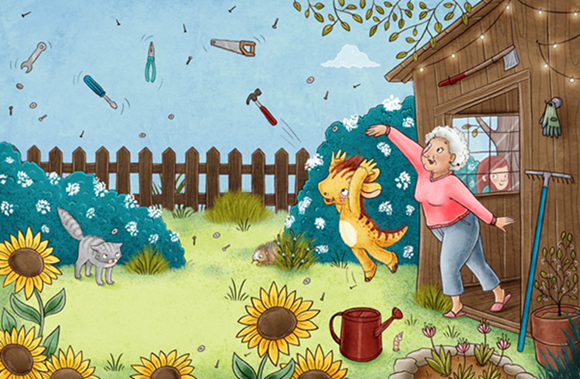 Der Rappel und Oma schmeißen in hohem Bogen das Werkzeug von Opa aus dem Gartenschuppen. Der Garten ist voller blühender Büsche und Sonnenblumen. Eine Katze richtet erschrocken von den Werkzeugen ihren Schwanz auf und schaut ganz grimmig.