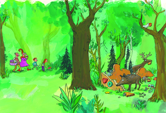Eine Familie wandert durch den Wald. Der Mann hat einen Korb dabei. Rechts im Bild sind die Überreste eines Hauses zu sehen, an denen sich ein Wildschwein und ein Hirsch satt fressen.&nbsp;