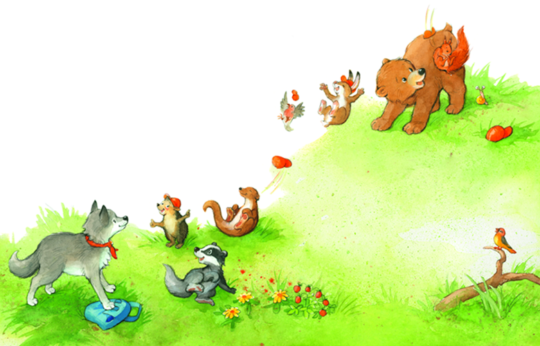 Viele Waldtierkinder tollen wild auf und unterhalb eines Hügels herum. Oben auf dem Hügel steht der Bär Lenni und lässt gerade ein Eichhörnchen von seinem Rücken runterrutschen. Unten am Hügel wartet Mino auf ihn. Unter seiner Pfote hält er schon seinen Rucksack bereit.