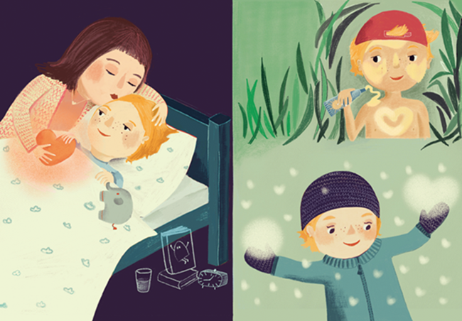 Links im Bild liegt Tom zugedeckt in seinem Bett, während seine Mama ihn im Arm hält und auf die Stirn küsst. Rechts ist Tom einmal im Sommer zu sehen, wie er seinen ganzen Körper mit Sonnencreme eincremt und einmal im Winter, wie er mit Handschuhen und Mütze im Schnee steht.