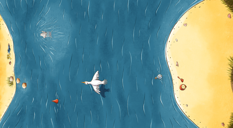 Links und rechts ist jeweils der äußere Rand der beiden Inseln zu sehen. Dazwischen liegt das Meer, über das gerade eine weiße Möwe fliegt. Unten im Meer, nahe des linken Ufers, kann man Ibbe erkennen, der wieder zurück zum Strand schwimmt.
