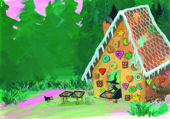 Auf dem Bild ist ein Lebkuchenhaus zu sehen, an dem viele bunte Kreise, Herzen und Sterne kleben. An der rechten Seite beißen Wildschweine gerade ein Loch in den Lebkuchen und aus der Tür kommt gerade eine schwarz gekleidete Hexe mit einem Backblech in den Händen heraus.&nbsp;