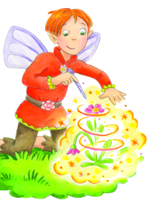 Ein Blumenelf kniet neben einer Blume und bewegt seinen Zauberstab um sie herum. Eine Blüte der Blume ist noch abgeknickt, die andere steht wieder aufrecht. Um die Blume herum verdichtet sich ein goldener, glitzernder Nebel.&nbsp;