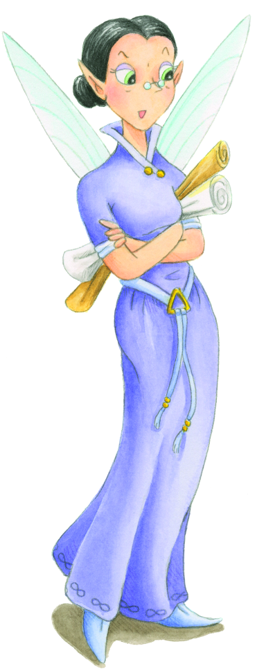 Die Elfenlehrerin Severine ist mit verschränkten Armen und strengem Blick zu sehen. Sie trägt ein bodenlanges lila Kleid mit einem hellblauen Gürtel, der von einer dreieckigen lila Schnalle gehalten wird. Unter einen Arm geklemmt trägt sie zwei große Papierrollen.&nbsp;