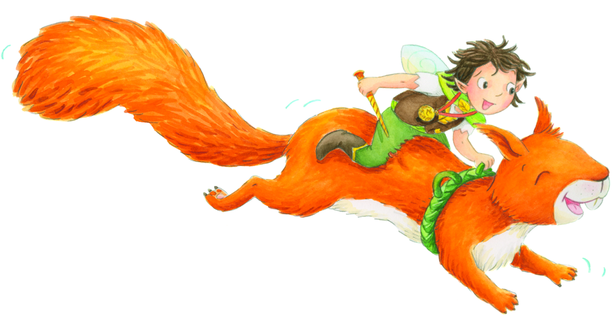 Lorian sitzt lachend auf dem rennenden Taxi-Eichhörnchen Ricki. In einer Hand hält Lorian seinen neuen gold-gelben Zauberstab. Mit der anderen Hand hält er sich an einem grünen geflochtenen Gurt fest, der um Ricki geschnallt ist.