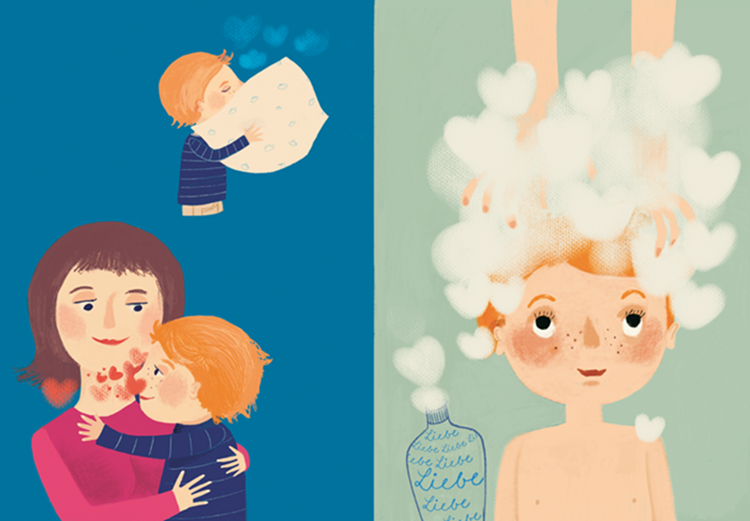 Tom schnuppert an seinem Kissen und am Hals seiner Mama. Rechts im Bild bekommt er gerade seine Haare einshampooniert. Der Schaum bildet ganz viele Herzen. Neben ihm steht eine Flasche, auf der ganz oft "Liebe" steht.