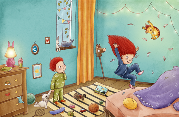 Das Bild zeigt das chaotische Kinderzimmer. Ein rothaariges Mädchen springt zusammen mit dem kleinen Rappel im Pyjama auf ihrem Bett herum; dabei fliegen die Federn durch die Luft. Paul schaut verwundert zu; er hält seinen Stoff-Eisbär an der Pfote. Auf dem Boden liegen allerlei Spielsachen verteilt. Links im Bild ist eine Holzkommode zu sehen, daneben sieht man durch ein mit bunten Fähnchen geschmücktes Fenster nach draußen auf Blattwerk. Die angrenzende Wand ist mit Lichterketten geschmückt.