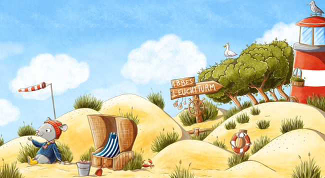 Vor dem Leuchtturm am Strand sitzt Ibbe, eine kleine Ratte, im Sand und schaut aufs Meer. Neben ihm ist ein Strandkorb, sowie Eimer und Schaufel zu sehen.