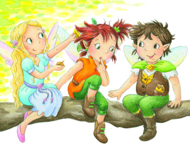 Rubina sitzt zwischen Lorian und Enja auf einem Ast. Sie schaut fragend auf Lorians Kleidung, während Enja Blätter aus Rubinias Haaren sammelt.&nbsp;